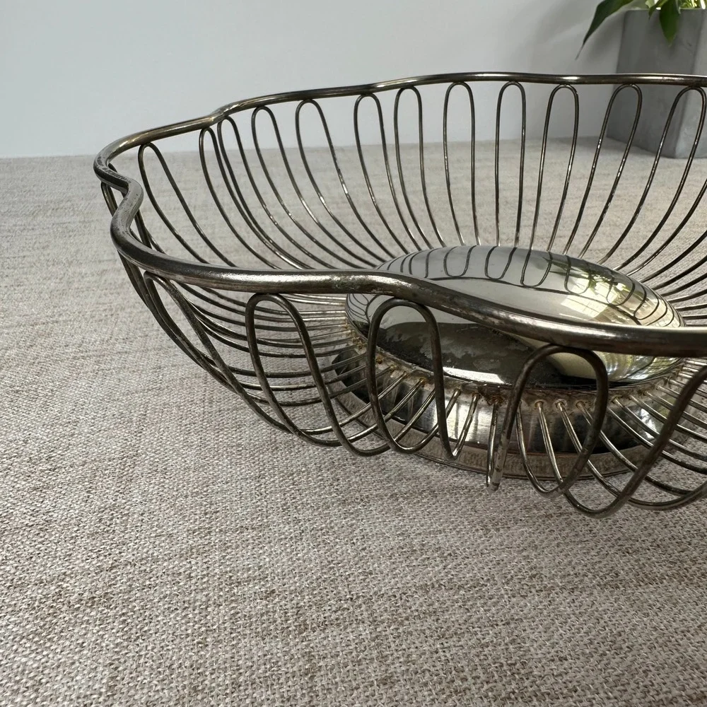 Vintage Godinger Silver Plate Wire Basket Scalloped Flower Bread Fruit Bowl